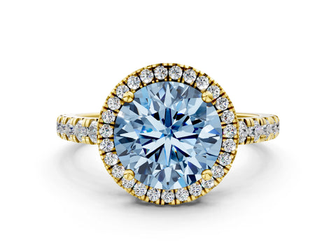Yellow gold Fancy Blue Round Cut Diamond Halo Ring with Pavé Band and Four-Prong Setting
