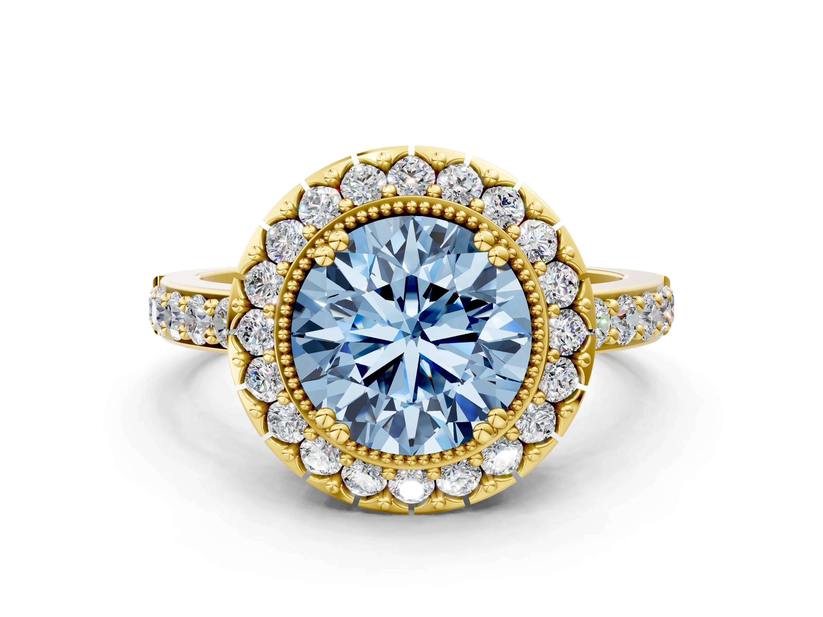 Yellow gold Fancy Blue Round Cut Diamond Halo Ring with Pavé Band and Prong Setting