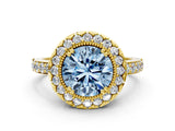 Yellow gold Fancy Blue Round Cut Diamond Halo Ring with Pavé Band and Prong Setting