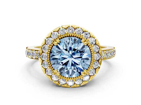 Yellow gold Fancy Blue Round Cut Diamond Halo Ring with Pavé Band and Prong Setting