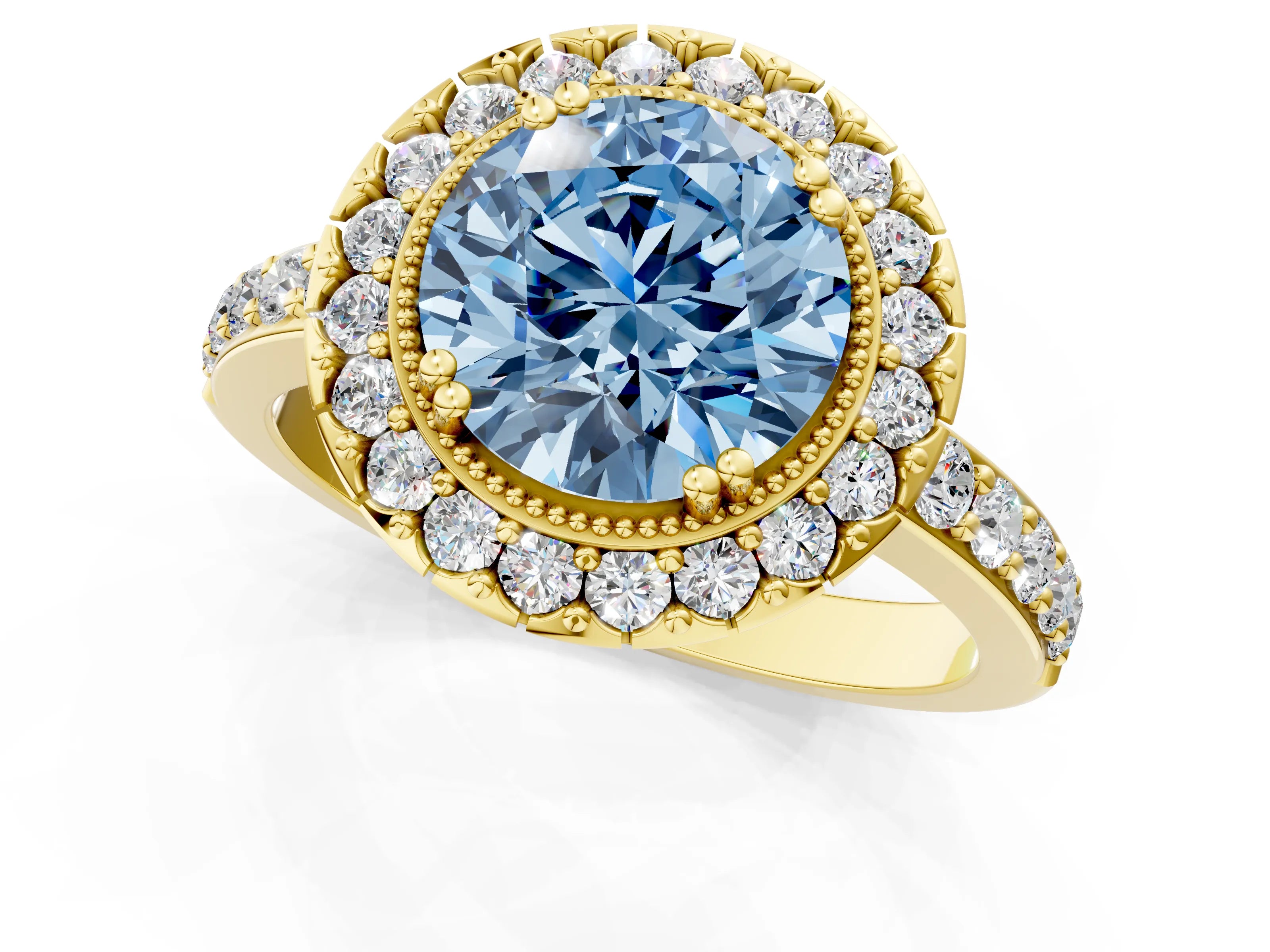 Yellow gold Fancy Blue Round Cut Diamond Halo Ring with Pavé Band and Prong Setting_1