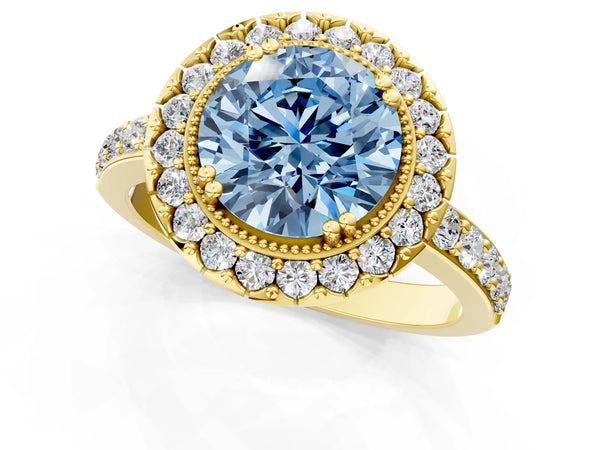 Yellow gold Fancy Blue Round Cut Diamond Halo Ring with Pavé Band and Prong Setting