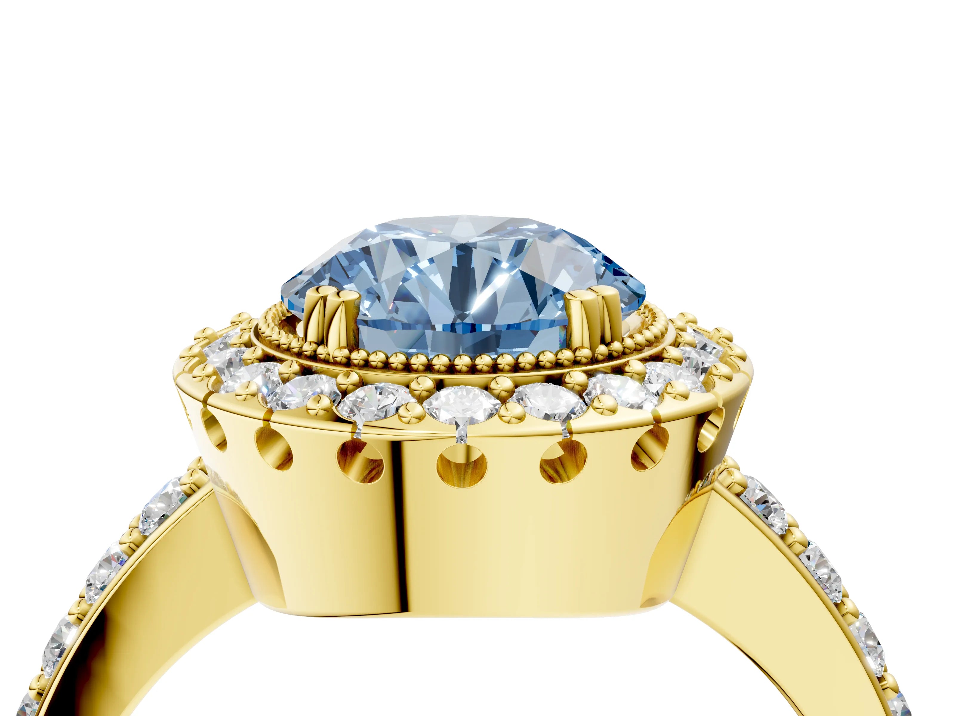 Yellow gold Fancy Blue Round Cut Diamond Halo Ring with Pavé Band and Prong Setting_4
