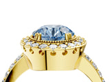 Yellow gold Fancy Blue Round Cut Diamond Halo Ring with Pavé Band and Prong Setting_4