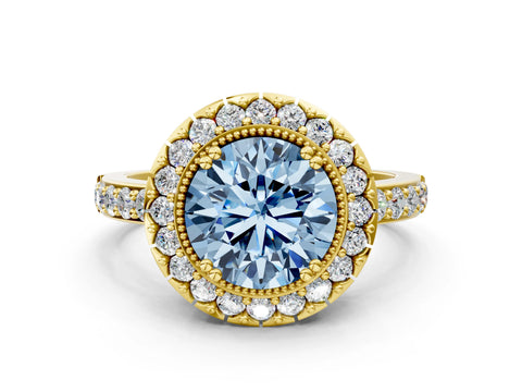 Yellow gold Fancy Blue Round Cut Diamond Halo Ring with Pavé Band and Prong Setting