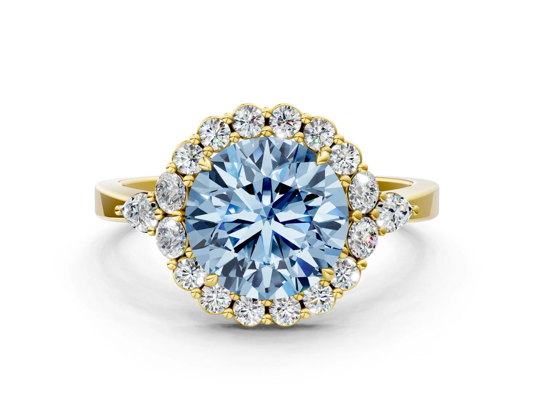 Yellow gold Fancy Blue Round Cut Diamond Halo Ring with Pear Side Stones and Prong Setting_51