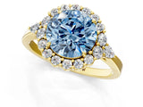 Yellow gold Fancy Blue Round Cut Diamond Halo Ring with Pear Side Stones and Prong Setting_52