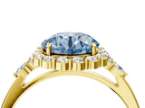 Yellow gold Fancy Blue Round Cut Diamond Halo Ring with Pear Side Stones and Prong Setting_55