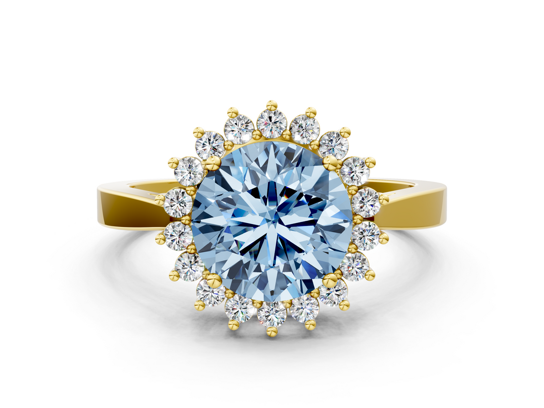 Yellow gold Fancy Blue Round  Cut Diamond Halo Ring with Round Brilliant Halo and Solitaire Band_87