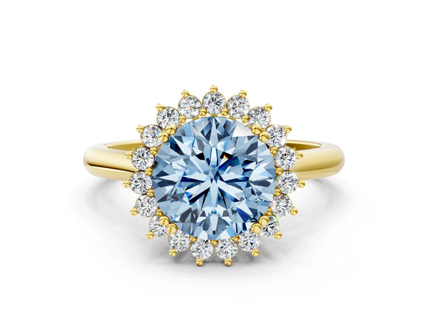 Yellow gold Fancy Blue Round  Cut Diamond Halo Ring with Solitaire Band and Prong Setting