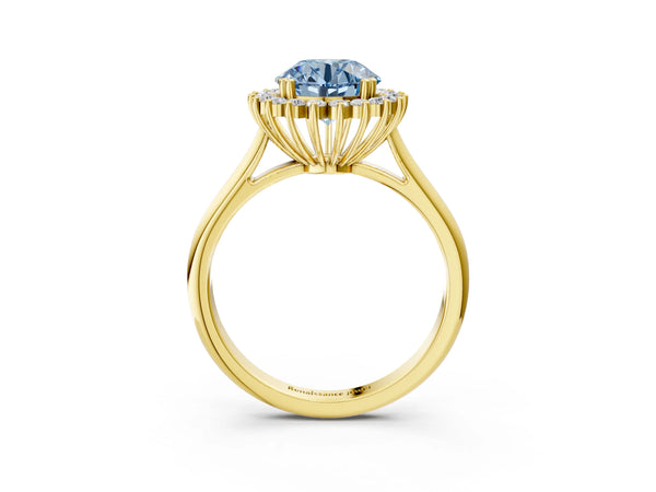 Yellow gold Fancy Blue Round  Cut Diamond Halo Ring with Solitaire Band and Prong Setting