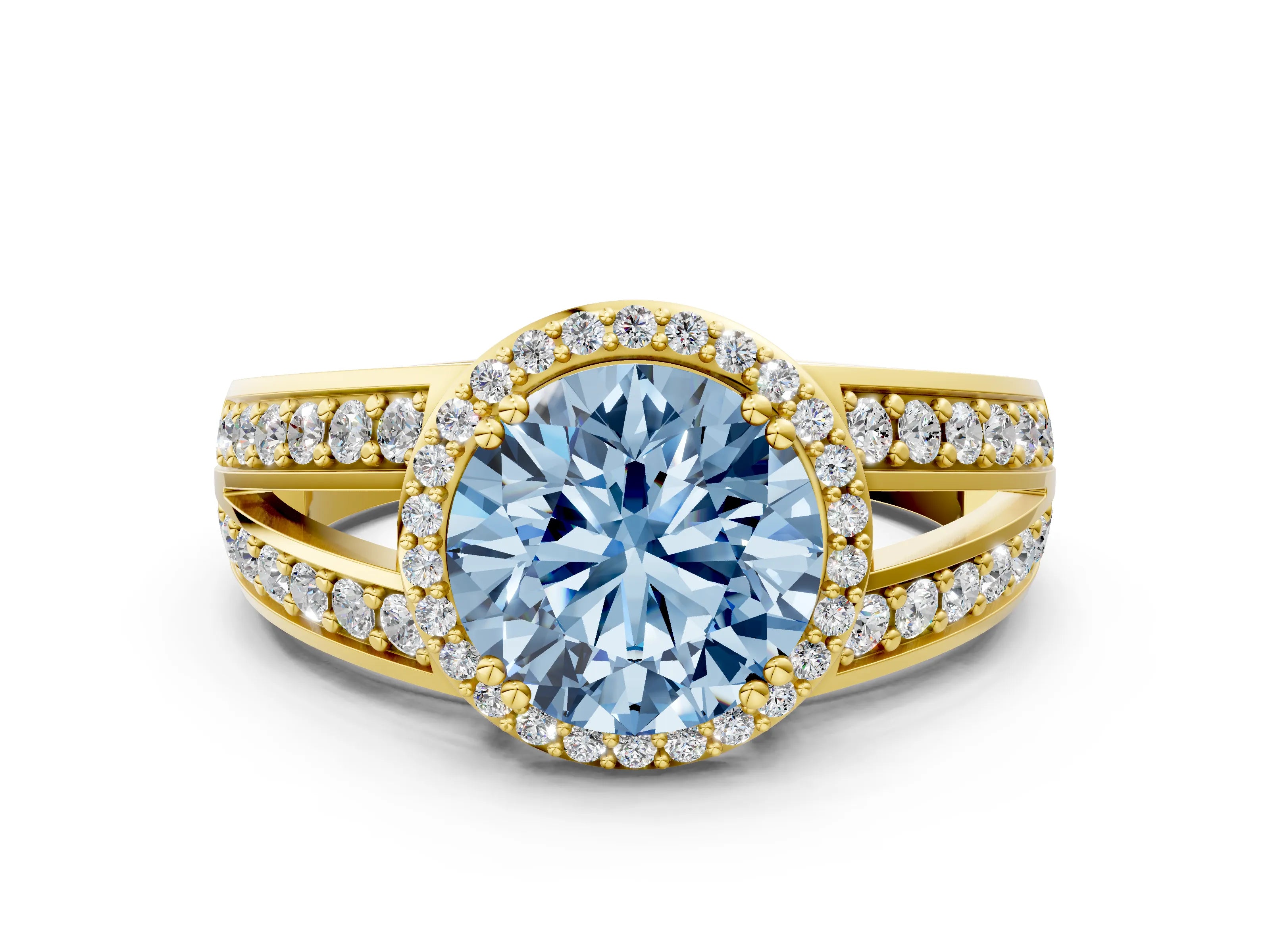 Yellow gold Fancy Blue Round Cut Diamond Halo Ring with Split Shank Pavé Band and Four-Prong Setting