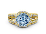 Yellow gold Fancy Blue Round Cut Diamond Halo Ring with Split Shank Pavé Band and Four-Prong Setting