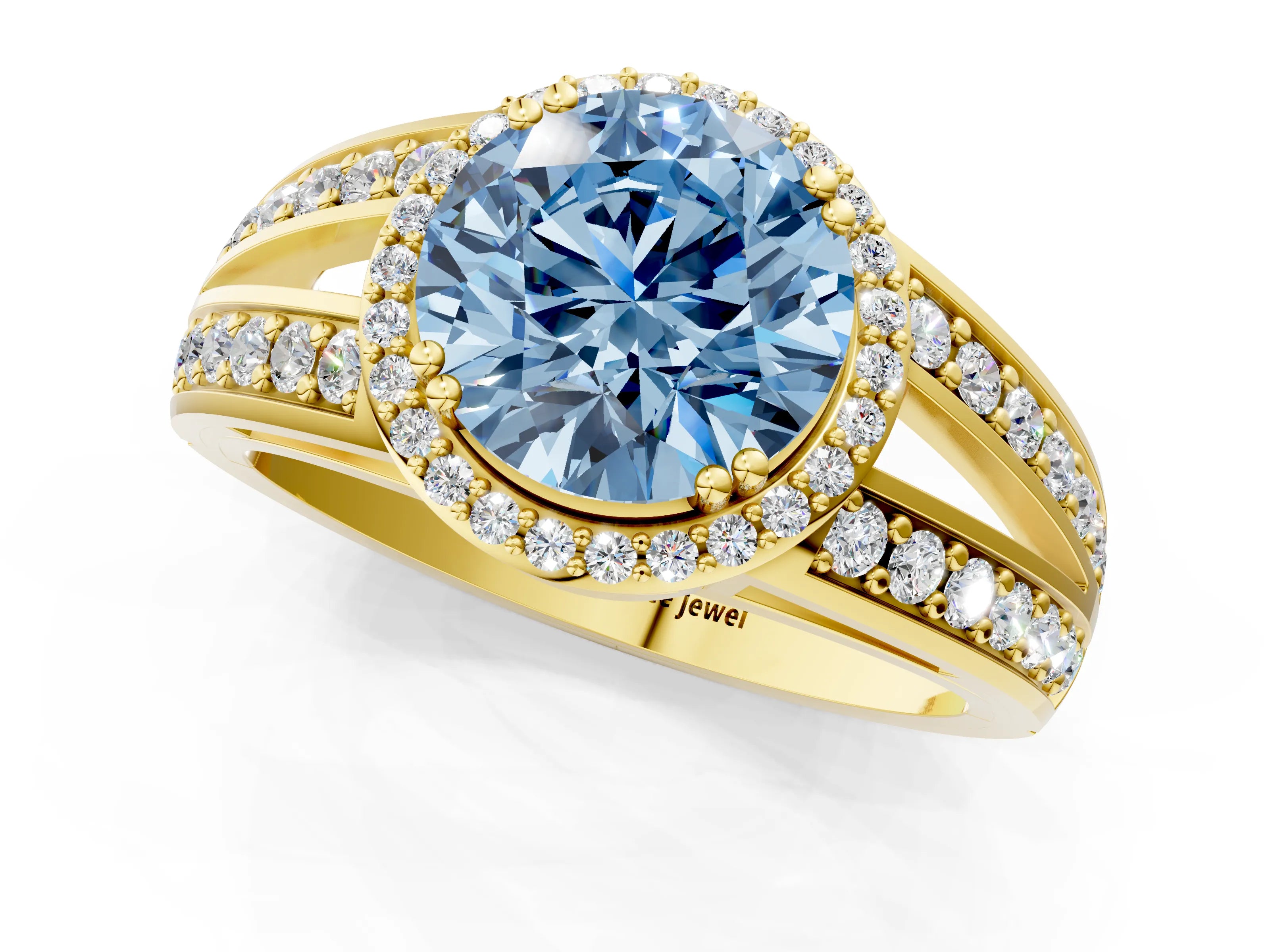 Yellow gold Fancy Blue Round Cut Diamond Halo Ring with Split Shank Pavé Band and Four-Prong Setting_1
