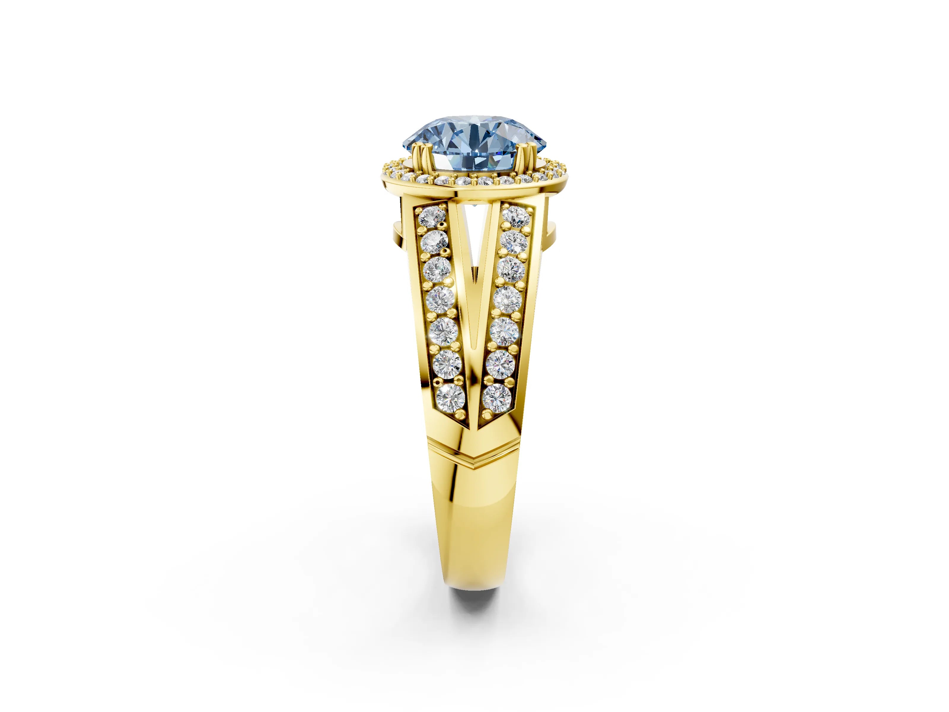 Yellow gold Fancy Blue Round Cut Diamond Halo Ring with Split Shank Pavé Band and Four-Prong Setting_2