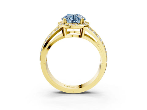 Yellow gold Fancy Blue Round Cut Diamond Halo Ring with Split Shank Pavé Band and Four-Prong Setting_3