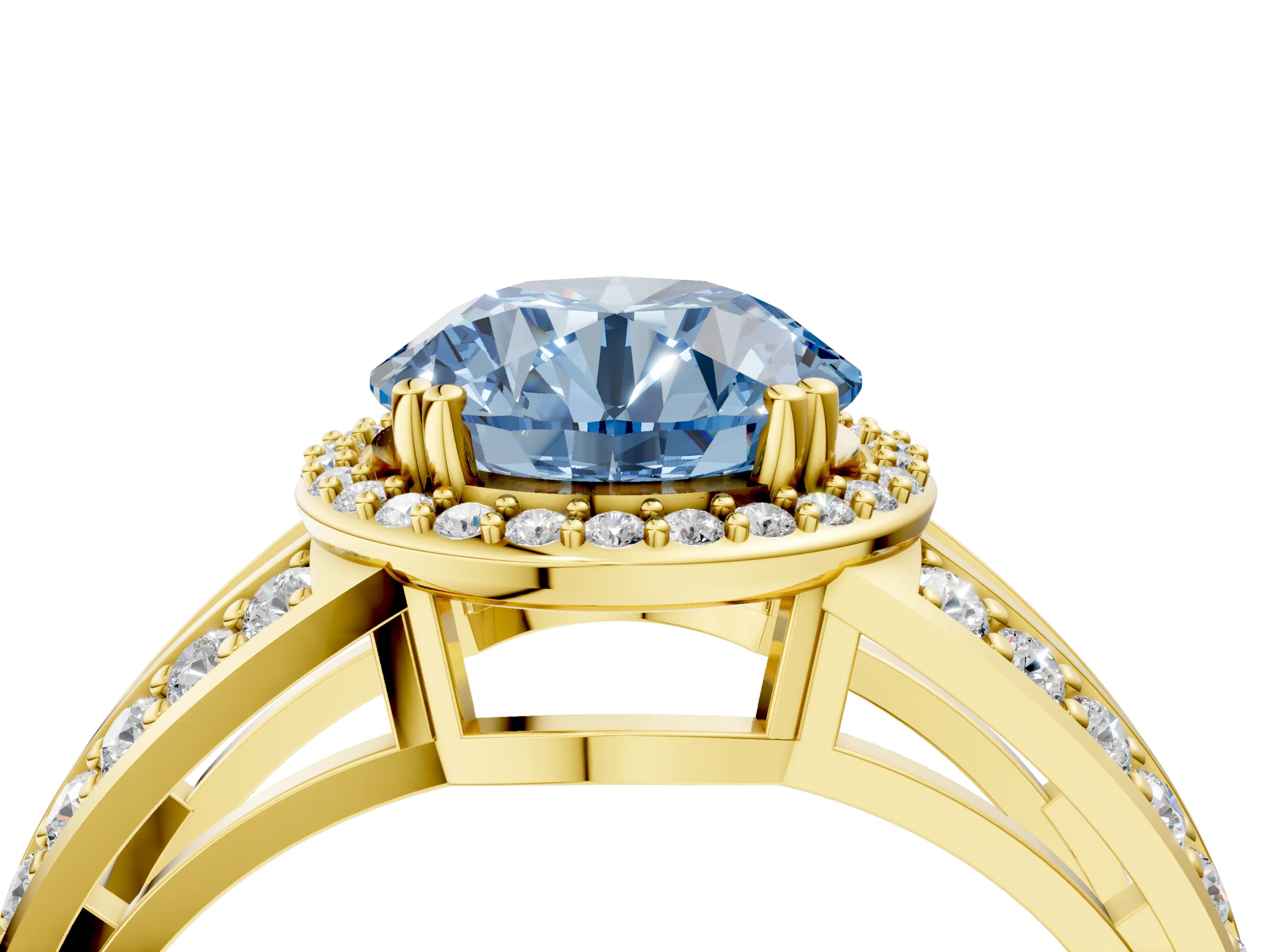 Yellow gold Fancy Blue Round Cut Diamond Halo Ring with Split Shank Pavé Band and Four-Prong Setting_4
