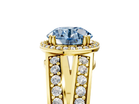 Yellow gold Fancy Blue Round Cut Diamond Halo Ring with Split Shank Pavé Band and Four-Prong Setting_5