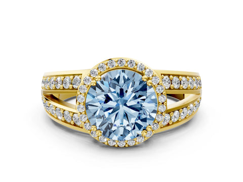 Yellow gold Fancy Blue Round Cut Diamond Halo Ring with Split Shank Pavé Band and Four-Prong Setting