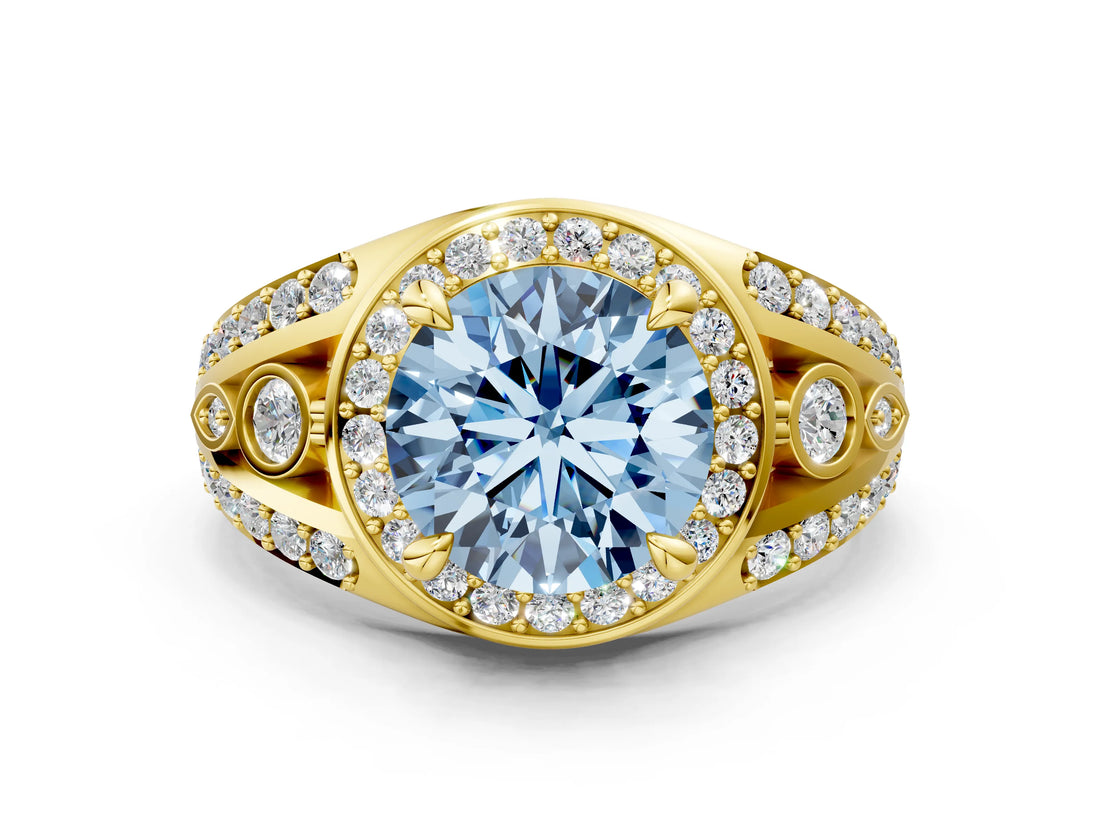 Yellow gold Fancy Blue Round Cut Diamond Halo Ring with Split Shank and Bezel Accents and Four-Prong Setting