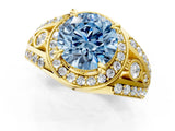 Yellow gold Fancy Blue Round Cut Diamond Halo Ring with Split Shank and Bezel Accents and Four-Prong Setting_1