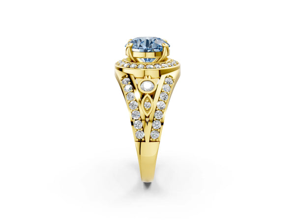 Yellow gold Fancy Blue Round Cut Diamond Halo Ring with Split Shank and Bezel Accents and Four-Prong Setting