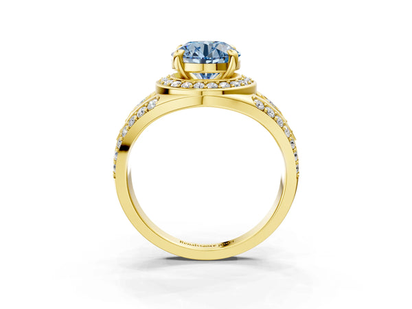 Yellow gold Fancy Blue Round Cut Diamond Halo Ring with Split Shank and Bezel Accents and Four-Prong Setting