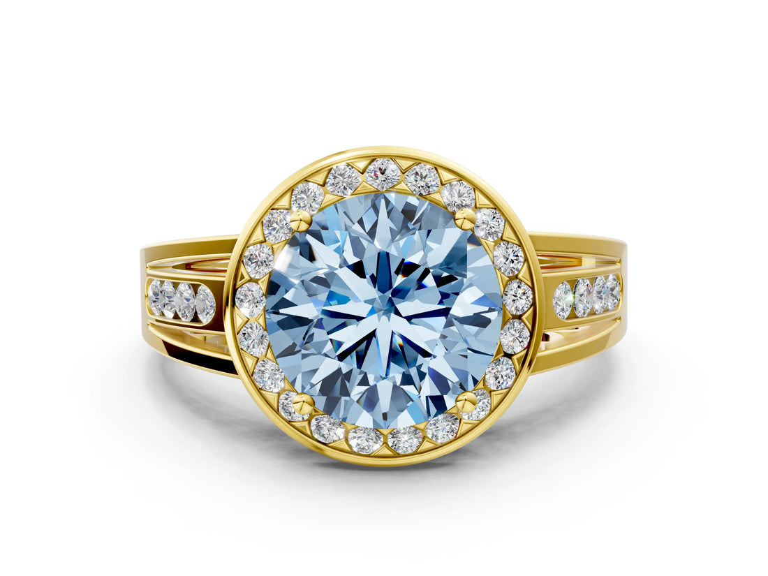 Yellow gold Fancy Blue Round Cut Diamond Halo Ring with Split Shank and Bezel Accents and Prong Setting