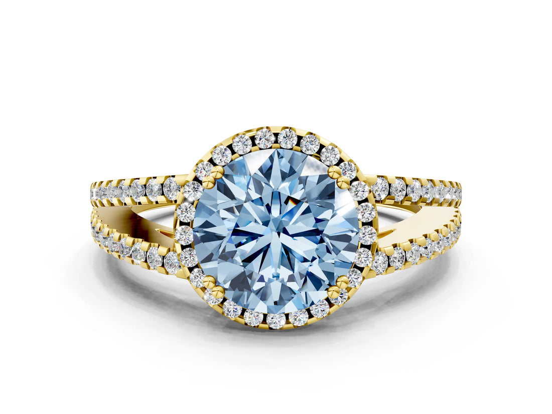 Yellow gold Fancy Blue Round Cut Diamond Halo Split Shank Engagement Ring_39