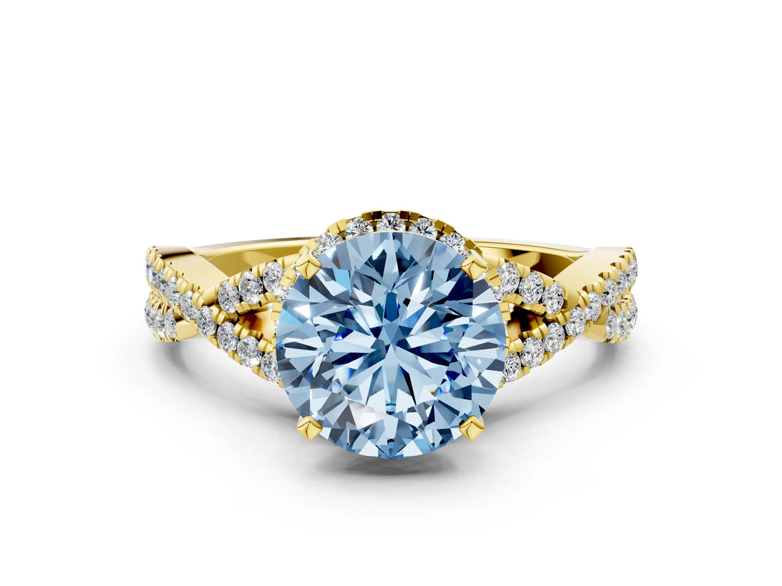 Yellow gold Fancy Blue Round Cut Diamond  Halo Twist Band Solitaire Prong Setting Ring_36