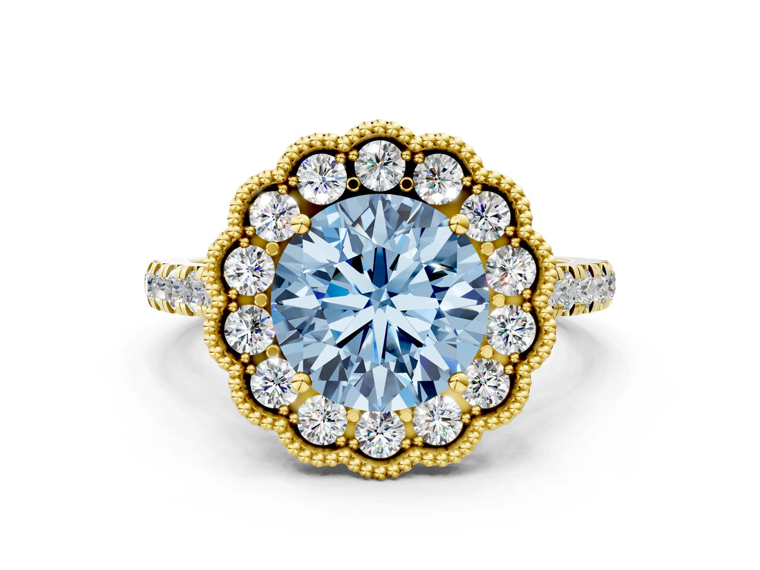 Yellow gold Fancy Blue Round  Cut Diamond Milgrain Floral Halo Engagement Ring with Pavé Band_15