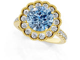 Yellow gold Fancy Blue Round  Cut Diamond Milgrain Floral Halo Engagement Ring with Pavé Band_16