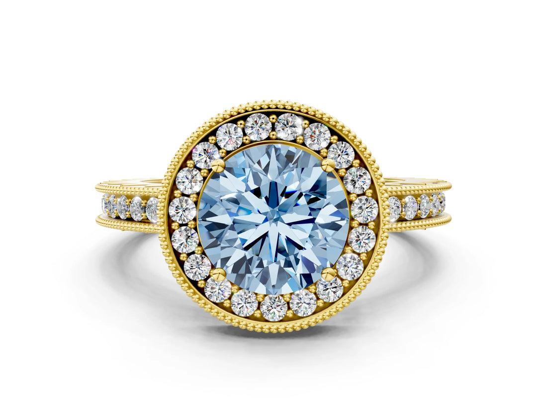 Yellow gold Fancy Blue Round Cut Diamond Milgrain Halo Engagement Ring with Round Pavé Band and Prong Setting_13