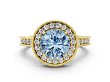 Yellow gold Fancy Blue Round Cut Diamond Milgrain Halo Engagement Ring with Round Pavé Band and Prong Setting_13