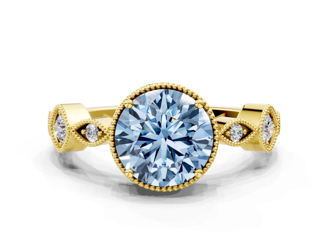 Yellow gold Fancy Blue Round  Cut Diamond Milgrain Marquise Band with Prong Setting_3