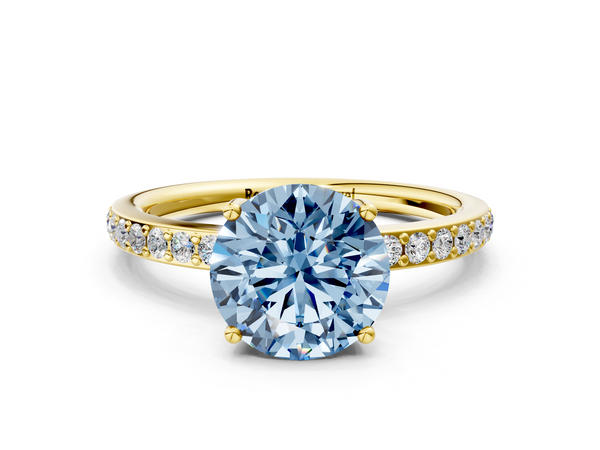 Yellow gold Fancy Blue Round  Cut Diamond Pavé Band Ring with Four-Prong Setting