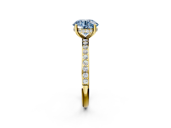 Yellow gold Fancy Blue Round  Cut Diamond Pavé Band Ring with Four-Prong Setting