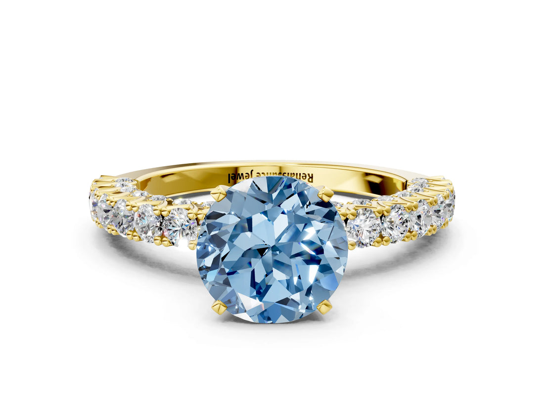 Yellow gold Fancy Blue Round Cut Diamond Pavé Band Solitaire Ring with Prong Setting_45