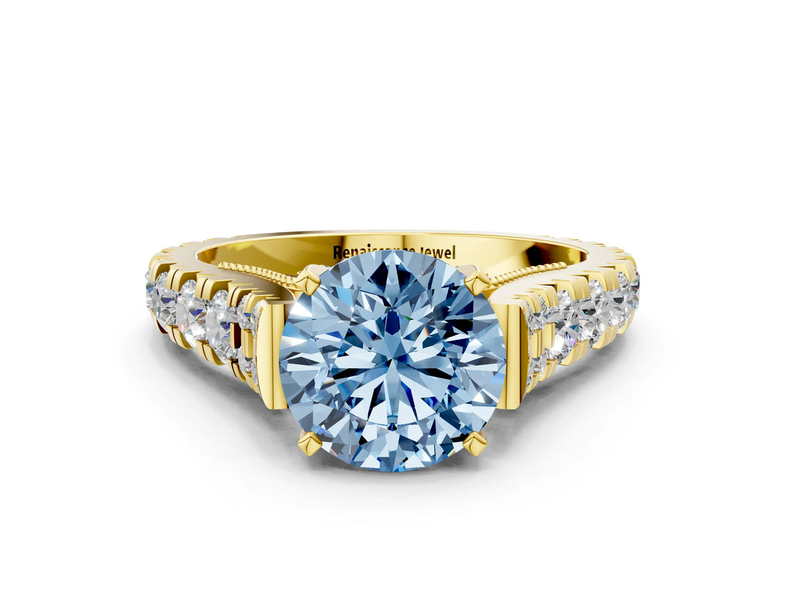 Yellow gold Fancy Blue Round  Cut Diamond Pavé Band Solitaire with Four-Prong Setting_15