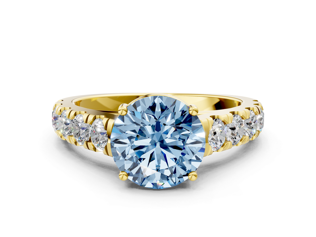 Yellow gold Fancy Blue Round  Cut Diamond Pavé Band Solitaire with Four-Prong Setting_3