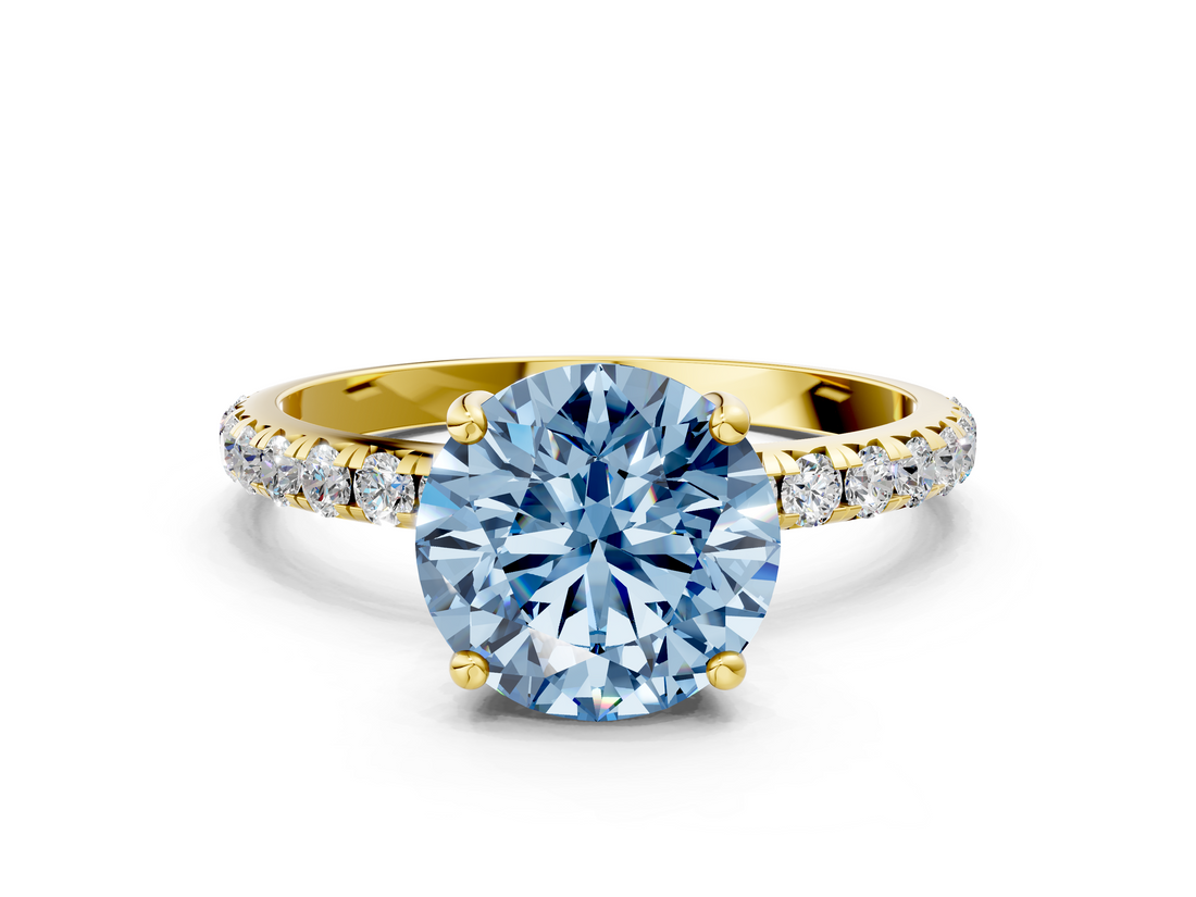 Yellow gold Fancy Blue Round  Cut Diamond Pavé Band Solitaire with Four-Prong Setting_3