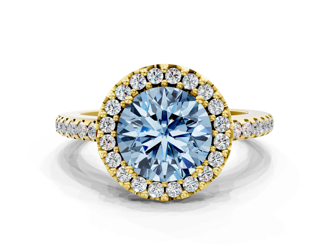 Yellow gold Fancy Blue Round Cut Diamond Pavé Halo Ring with Four-Prong Setting_36