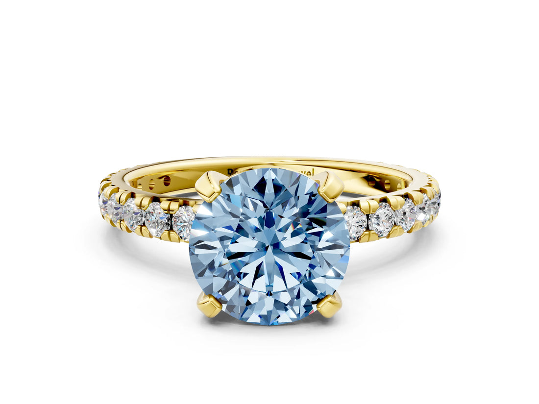 Yellow gold Fancy Blue Round Cut Diamond Pavé Solitaire Ring with Round Band and Prong Setting_24