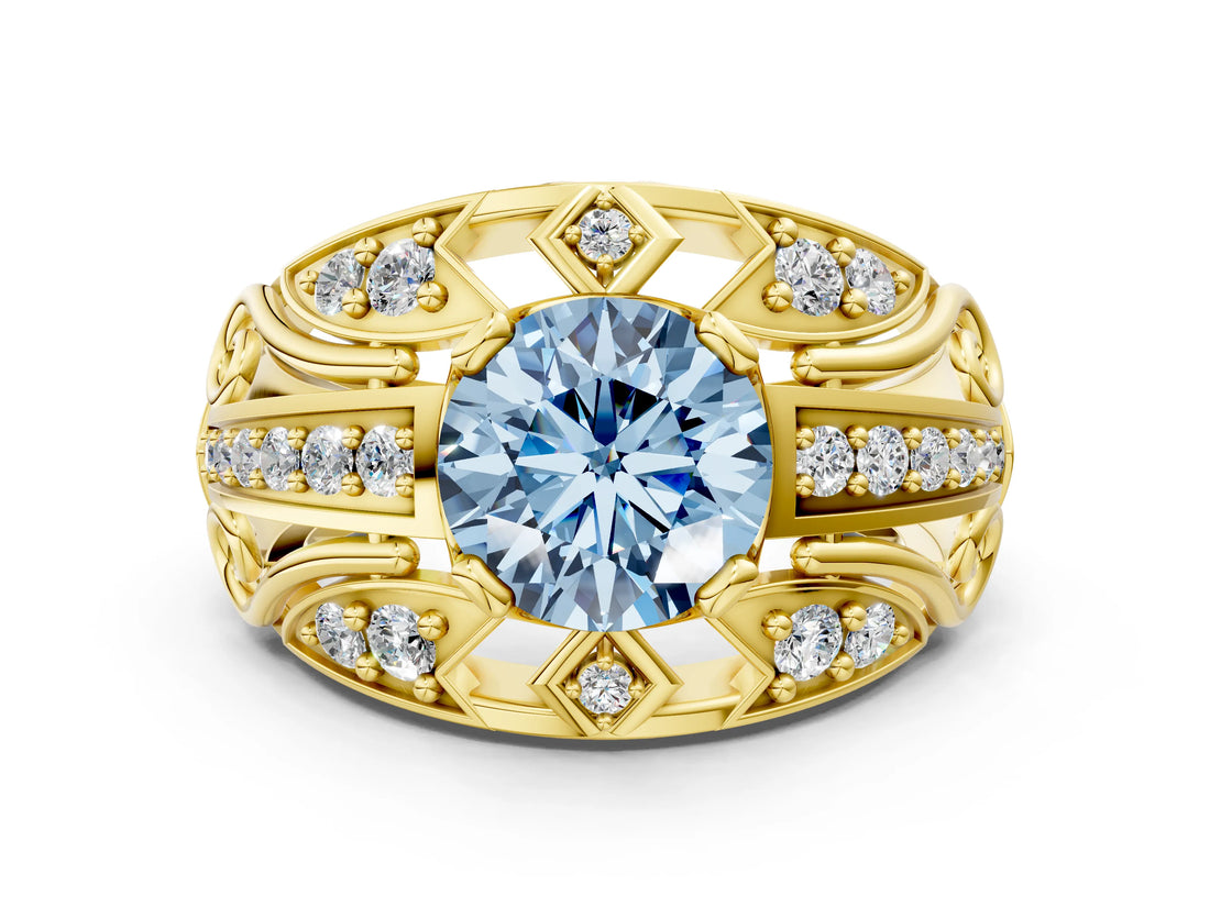 Yellow gold Fancy Blue Round Cut Diamond Pave Art Deco Split Shank Ring with Four-Prong Setting