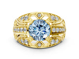 Yellow gold Fancy Blue Round Cut Diamond Pave Art Deco Split Shank Ring with Four-Prong Setting