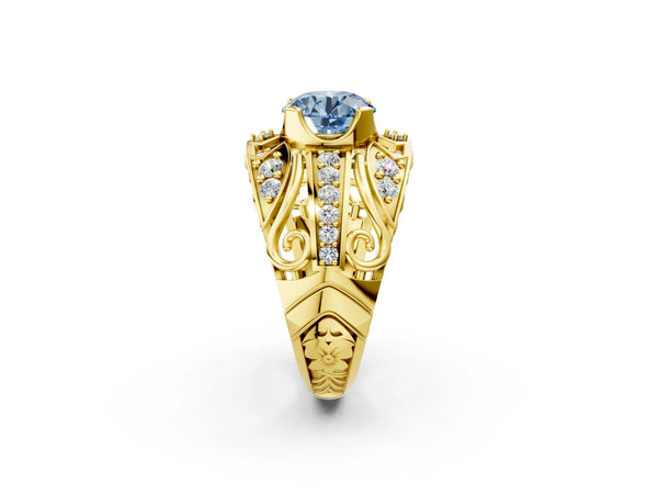 Yellow gold Fancy Blue Round Cut Diamond Pave Art Deco Split Shank Ring with Four-Prong Setting
