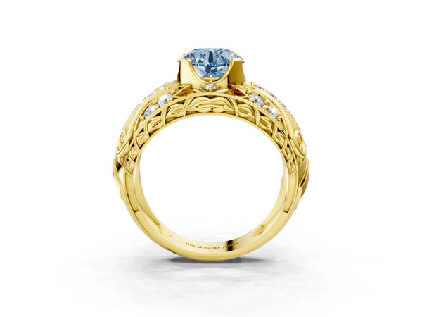 Yellow gold Fancy Blue Round Cut Diamond Pave Art Deco Split Shank Ring with Four-Prong Setting