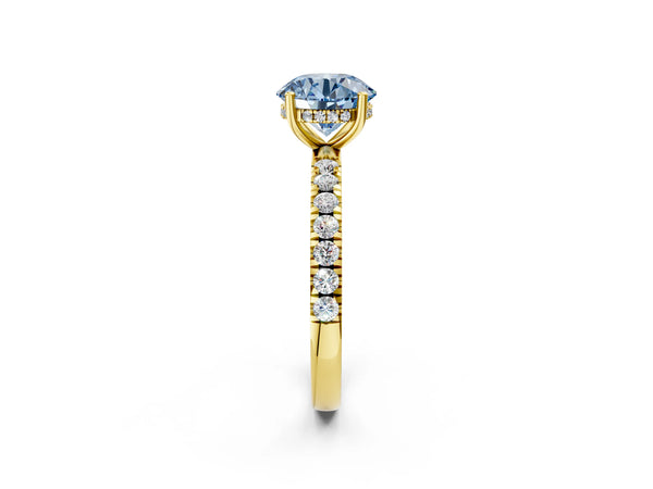 Yellow gold Fancy Blue Round Cut Diamond Pave Band Solitaire Ring with Round  and Prong Setting