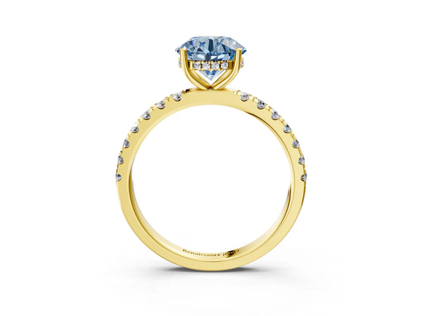 Yellow gold Fancy Blue Round Cut Diamond Pave Band Solitaire Ring with Round  and Prong Setting