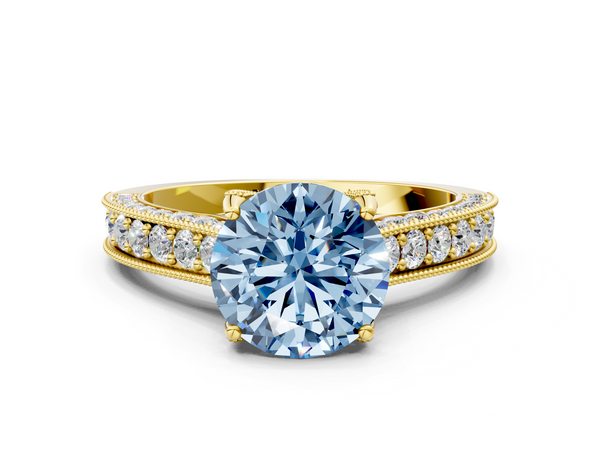Yellow gold Fancy Blue Round  Cut Diamond Solitaire Ring with Milgrain Pave Band and Four Prong Setting